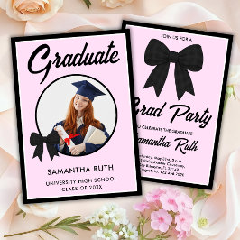 Invitación Foto de graduación con lazo de gingham negro