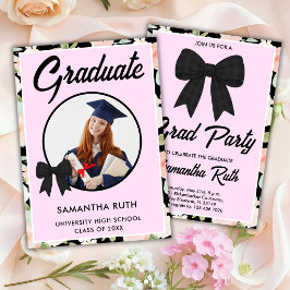 Invitación Foto de Graduación con Lazo de Gingham Negro de Fl
