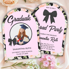 Invitación Foto de Graduación con Lazo de Gingham Negro de Fl