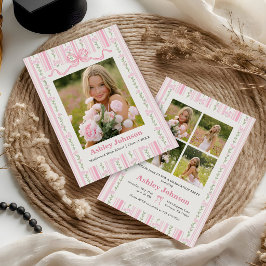 Invitación Foto de graduación con lazo rosa de rayas vintage