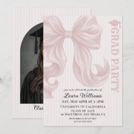 Invitación Foto de graduación con lazo rosa elegante rayado