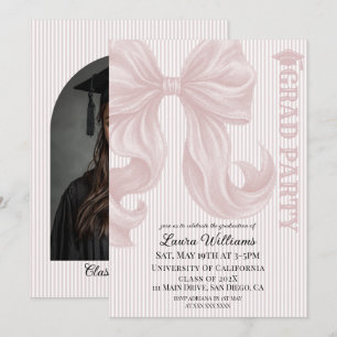 Invitación Foto de graduación con lazo rosa elegante rayado