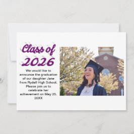 Invitación Foto de graduación con letra morada de la promoció