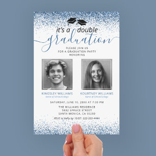 Invitación Foto de graduación conjunta azul elegante