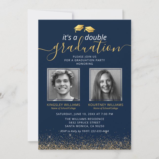 Invitación Foto de graduación conjunta elegante azul dorado (Anverso)