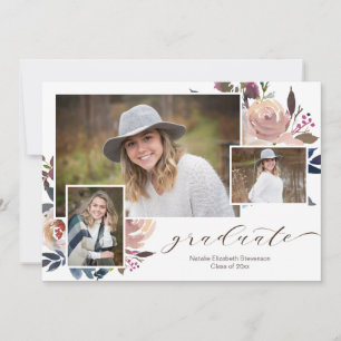 Invitación Foto de graduación de caligrafía floral rosa