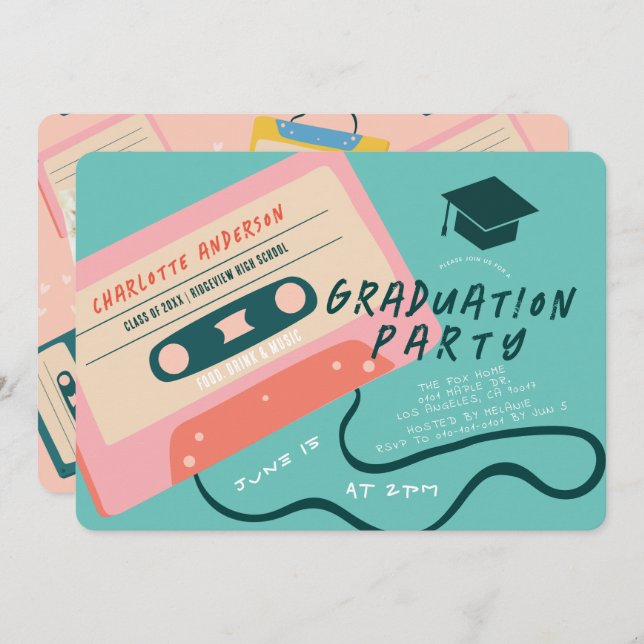 Invitación Foto de graduación de cinta cassette rosa Cute 80 (Anverso / Reverso)
