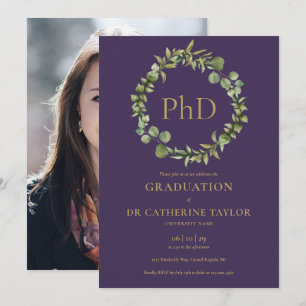 Invitación Foto de graduación de Doctorado con guirnalda púrp