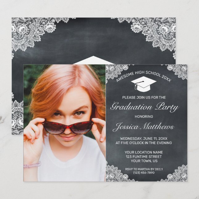 Invitación Foto de graduación de encaje blanco y pizarra (Anverso / Reverso)