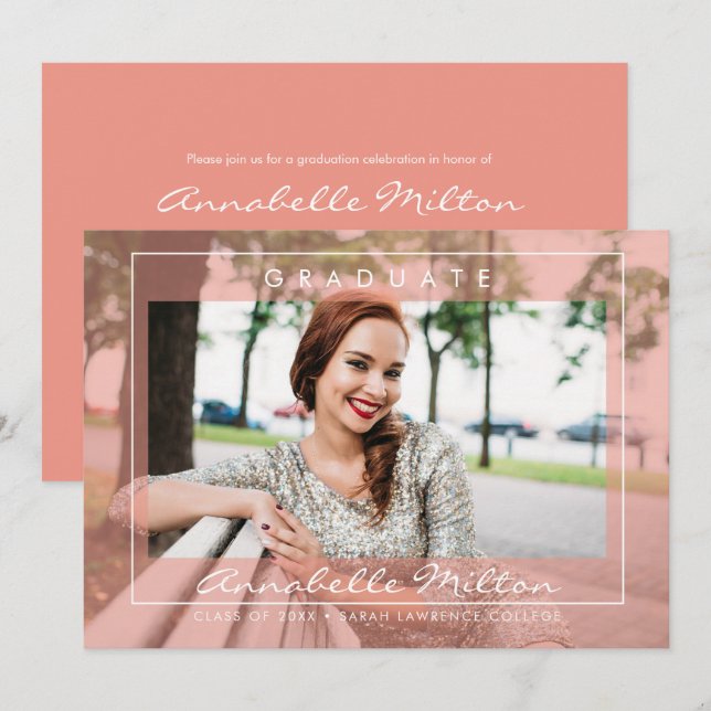 Invitación Foto de graduación de escritura moderna de moda (Anverso / Reverso)