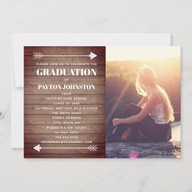 Invitación Foto De Graduación De Flechas Plank De Madera Rúst (Anverso)