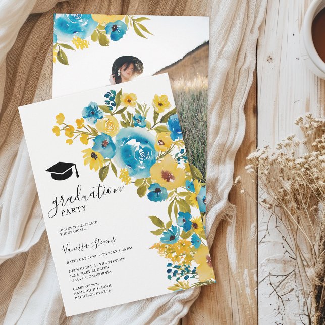 Invitación Foto de graduación de flor silvestre amarillo azul (Yellow Blue Watercolor Wildflower Graduation Photo Invitation)