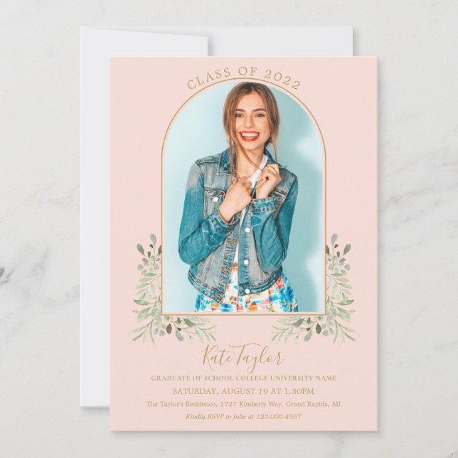 Invitación Foto de graduación de follaje rosa Rubor de Gold A (Anverso)