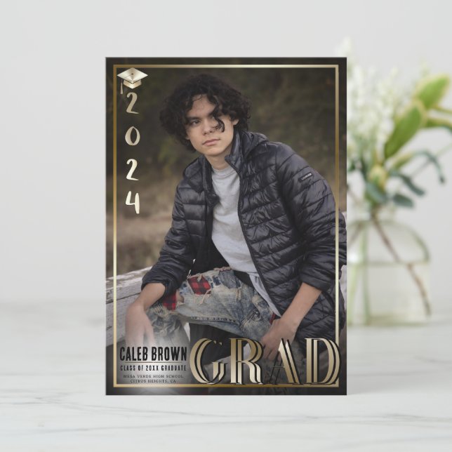 Invitación Foto de graduación de Gold Border 2024 Duo (Anverso de pie)