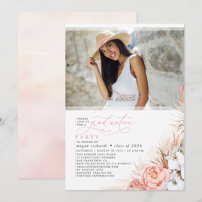 Invitación Foto de graduación de Grado de Pampas Florales Ros (Anverso / Reverso)