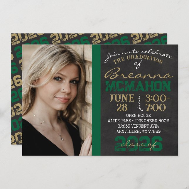 Invitación Foto de graduación de Green & Gold Chalkboard (Repeating Class Year 1 & 2 Photo Graduation Invitations)