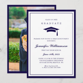 Invitación Foto de graduación de guión azul y blanco clásico
