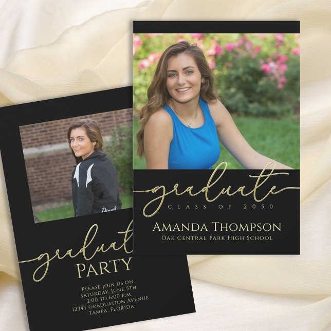 Invitación Foto de graduación de guiones en negro y oro (Subido por el creador)