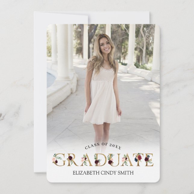 Invitación Foto de graduación de la carta floral Gold Burgund (Anverso)