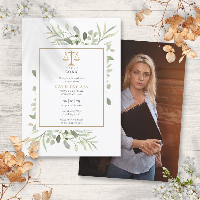Invitación Foto de graduación de la Facultad de Derecho Moder (Modern Greenery Law School Graduation Photo Invitation)