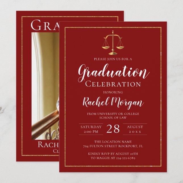 Invitación Foto de graduación de la Facultad de Derecho Red G (Anverso / Reverso)