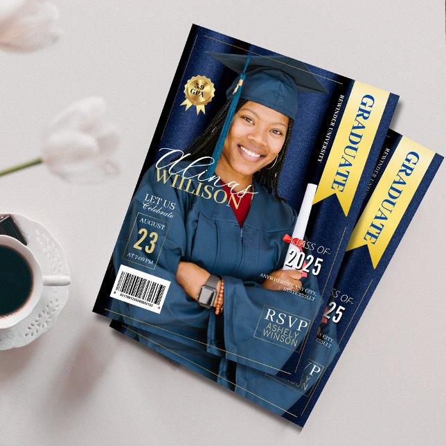 Invitación Foto de graduación de la revista azul marino y oro (Subido por el creador)