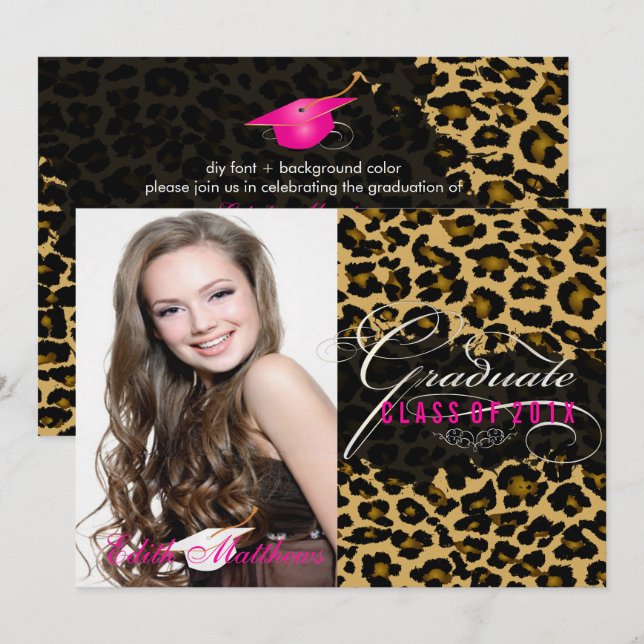 Invitación Foto de graduación de leopardo de PixDezines (Anverso / Reverso)