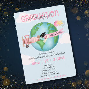 Invitación Foto de graduación de niña Globo Nubes Avión rosa