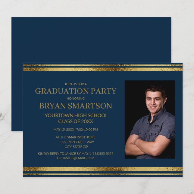 Invitación Foto de graduación de oro azul de la Marina modern (Anverso / Reverso)