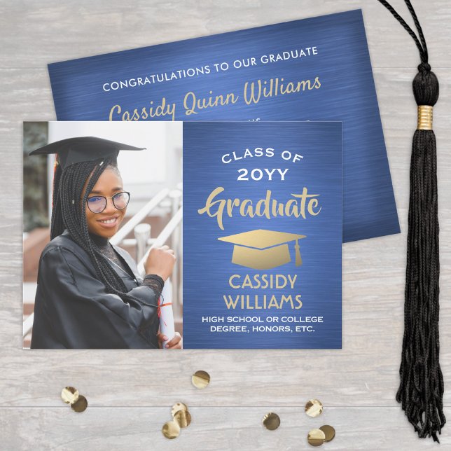 Invitación Foto de graduación de oro y azul cepillado de año  (Subido por el creador)