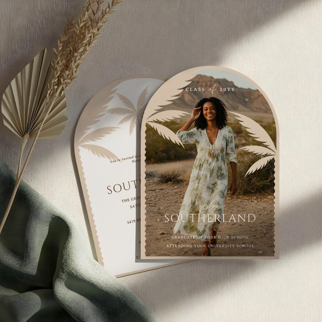 Invitación Foto de graduación de Palm Tree Tropical Boho Retr (Boho Retro Tropical Palm Tree Graduation Photo Invitation)