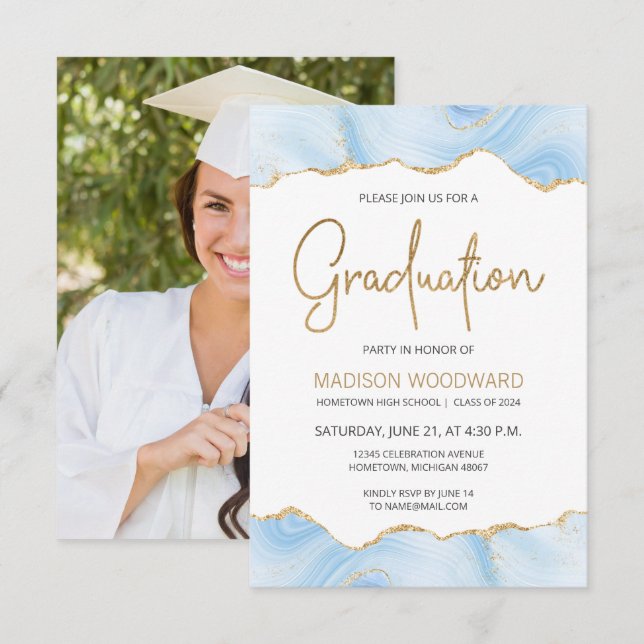 Invitación Foto de graduación de Pastel Blue Agate 2024 (Anverso / Reverso)