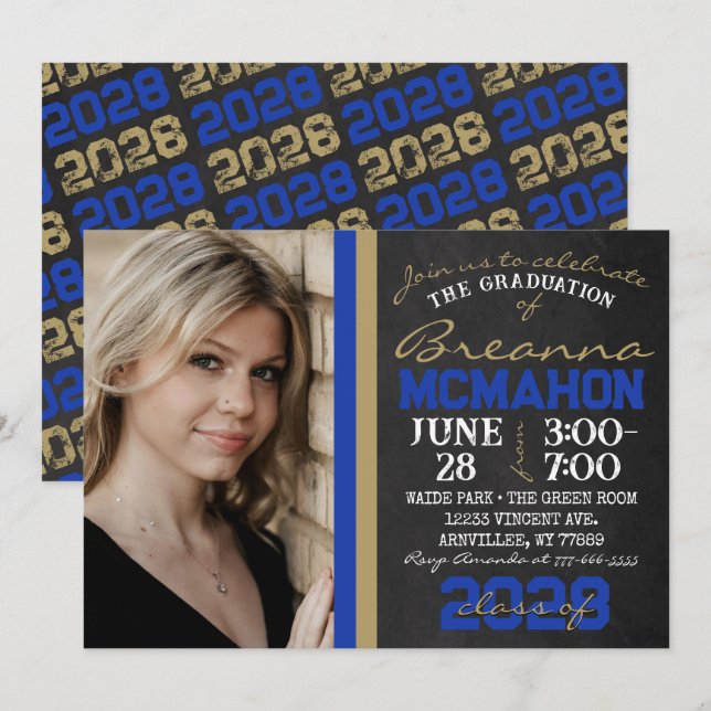 Invitación Foto de graduación de pizarra de oro azul y bronce (Anverso / Reverso)