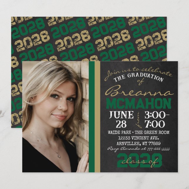 Invitación Foto de graduación de pizarra de oro verde y bronc (Anverso / Reverso)