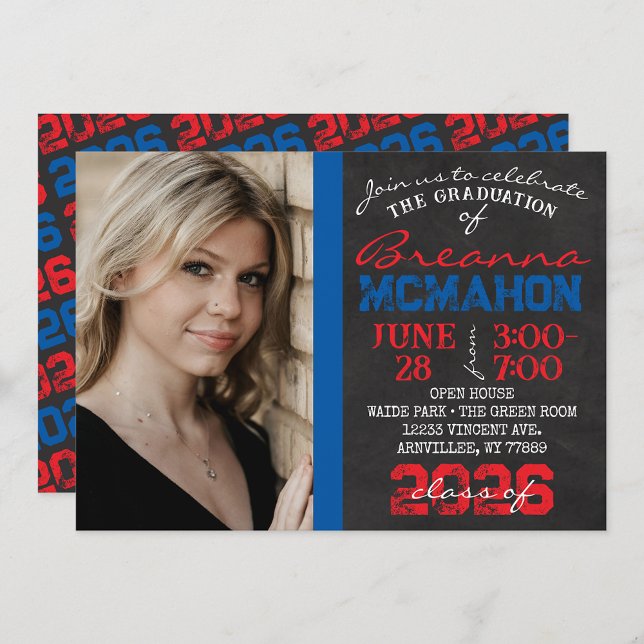 Invitación Foto de graduación de pizarra roja y azul (Repeating Class Year 1 & 2 Photo Graduation Invitations)