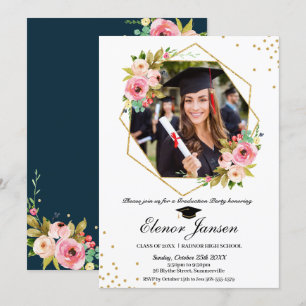 Invitación Foto de graduación de Purpurina Floral Geometric G