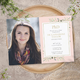 Invitación Foto de graduación de rosa pálido con vegetación p