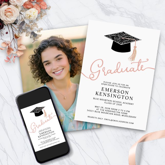 Invitación Foto de graduación de tipografía de bruja (Girly Typography Hand Drawn Graduation Photo Invitation with Digital Download)