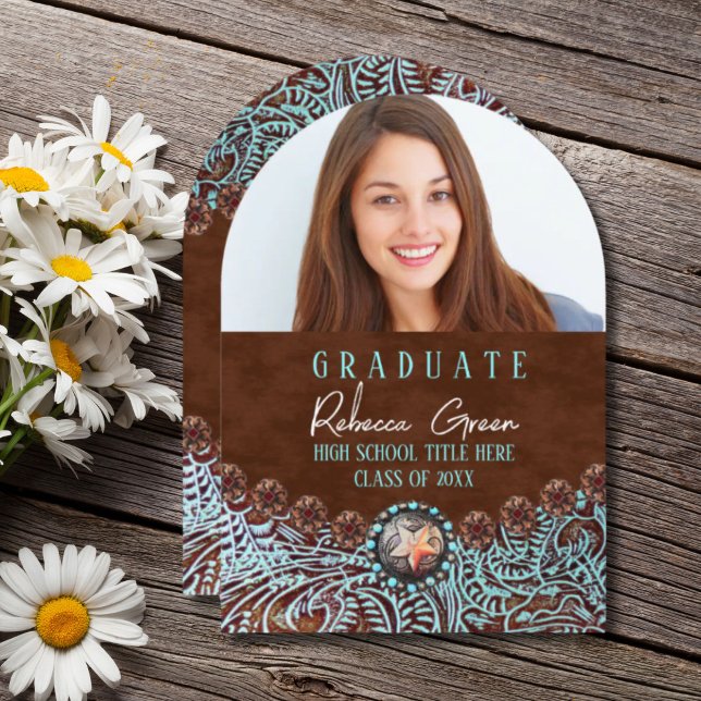 Invitación Foto de graduación del país occidental turquesa ma (Turquoise Brown Western Country Graduation Photo Invitation)