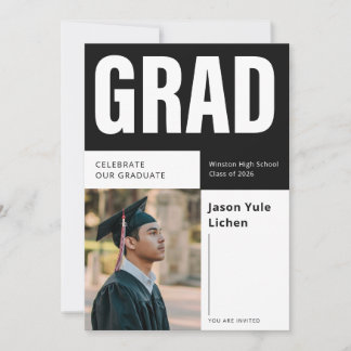 Invitación Foto de Graduación Elegante Graduado en Blanco y N