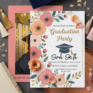 Invitación Foto de graduación en acuarela floral con brillo d