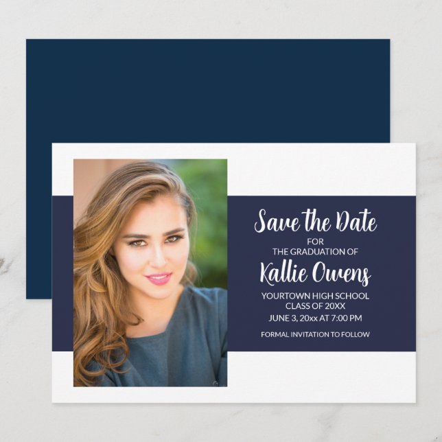 Invitación Foto de graduación en blanco azul de la marina sal (Anverso / Reverso)