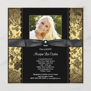 Invitación Foto de Graduación en Negro y Dorado