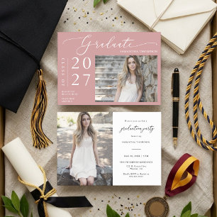 Invitación Foto de graduación escolar de guion mínimo rosa y