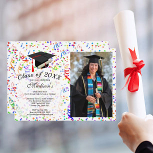 Invitación Foto de graduación Fiesta de Confetti de Black Cap