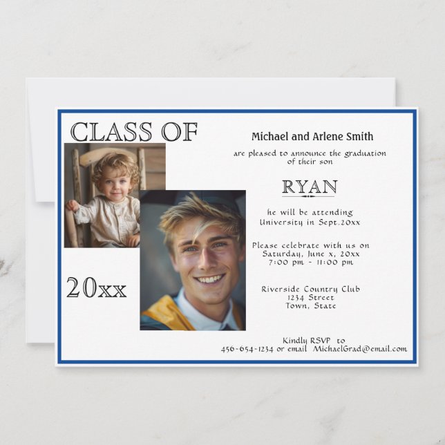 Invitación Foto de graduación Marina Azul y Blanco (Anverso)
