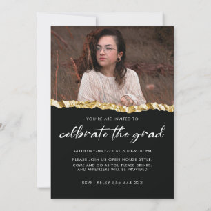 Invitación Foto de graduación minimalista en negro y dorado p