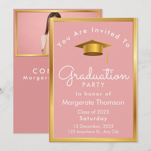Invitación Foto de graduación moda simple rosa moderno (Anverso / Reverso)