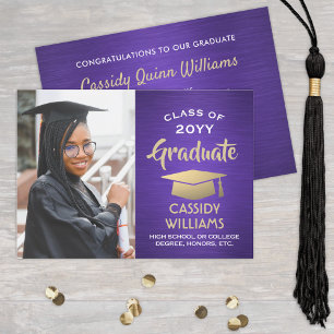 Invitación Foto de graduación moderna cepillado púrpura y dor