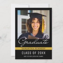 Invitación Foto de graduación moderna en negro y oro 2025